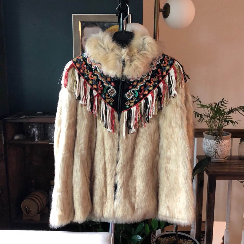 Zara Beaded and Embroidered Faux Fur Jacket